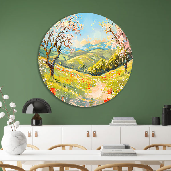 Schilderachtig lentelandschap met bloesembomen aluminium muurcirkel