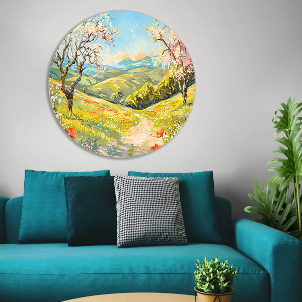 Schilderachtig lentelandschap met bloesembomen aluminium muurcirkel