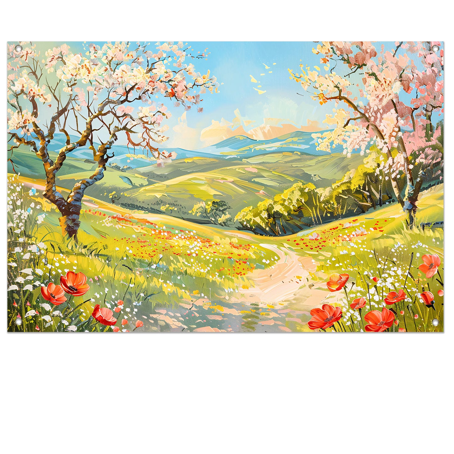 Schilderachtig lentelandschap met bloesembomen tuinposter