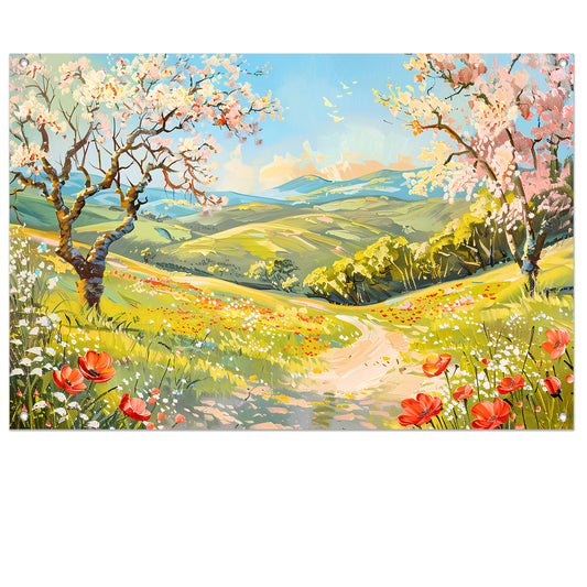 Schilderachtig lentelandschap met bloesembomen tuinposter