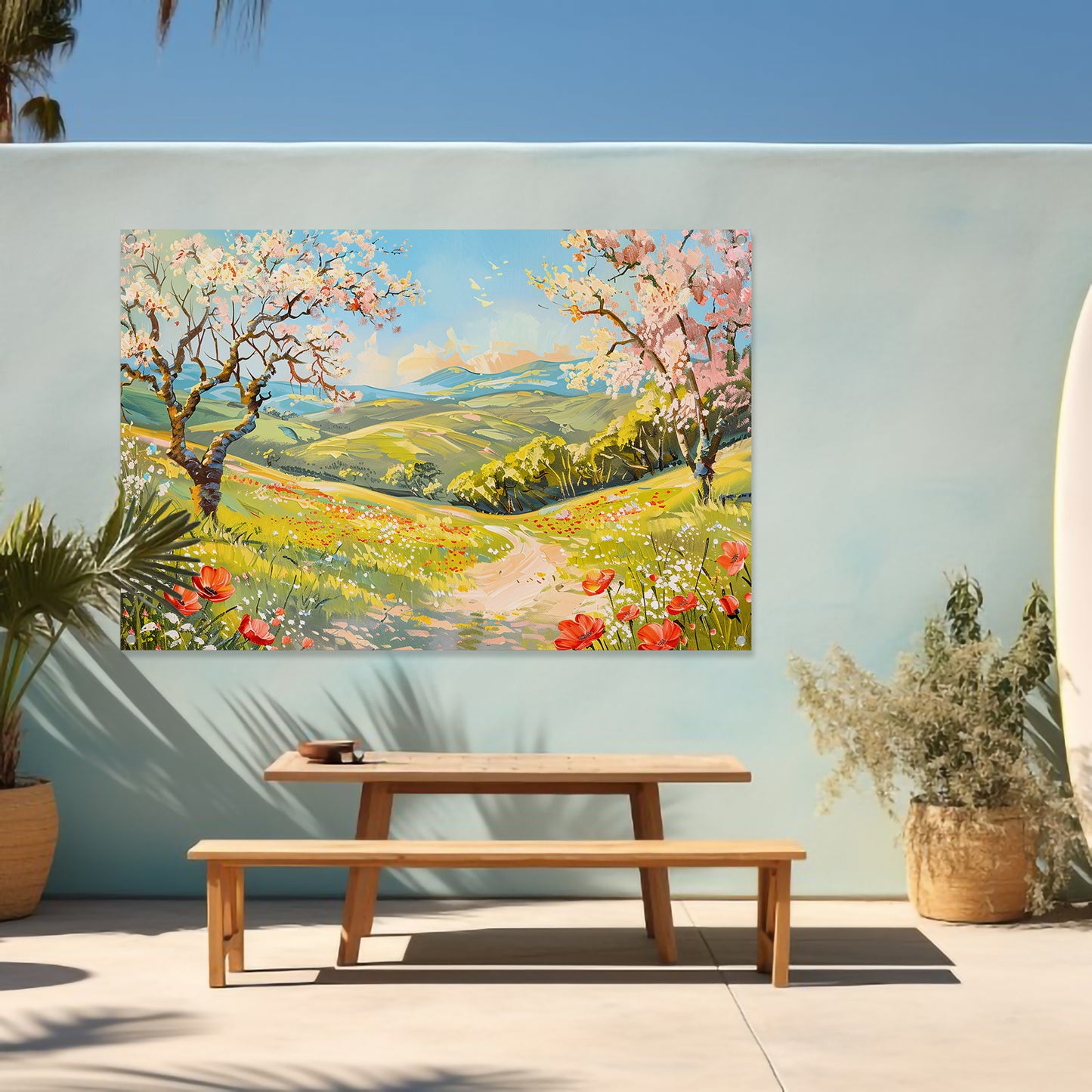 Schilderachtig lentelandschap met bloesembomen tuinposter