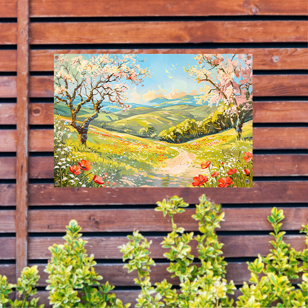 Schilderachtig lentelandschap met bloesembomen tuinposter