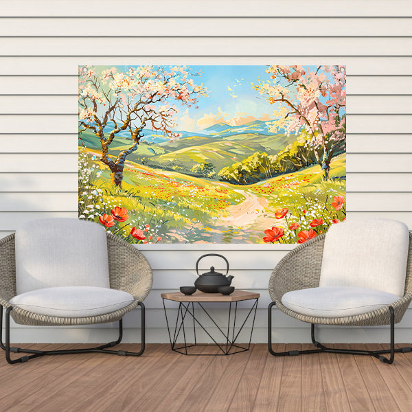 Schilderachtig lentelandschap met bloesembomen tuinposter