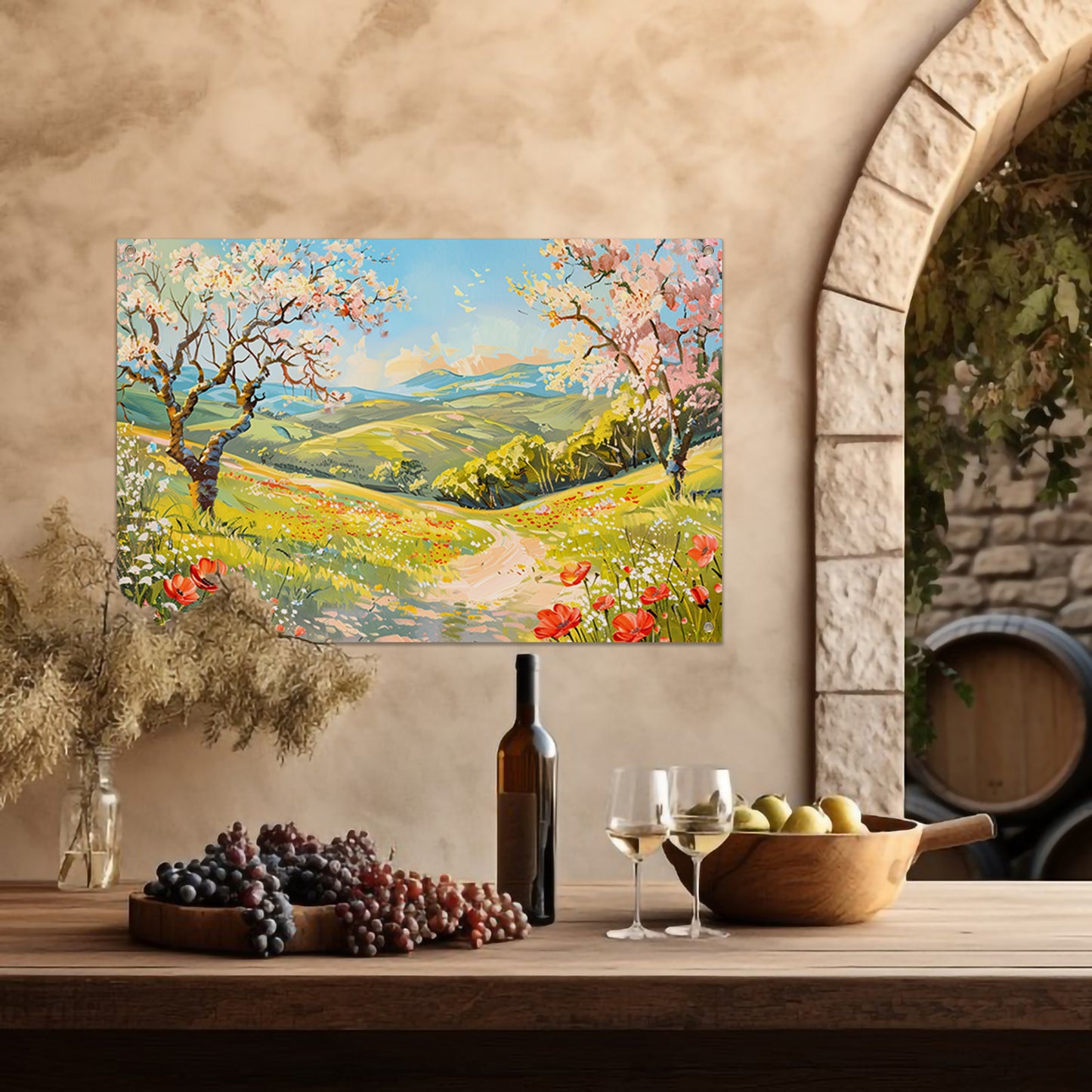 Schilderachtig lentelandschap met bloesembomen tuinposter