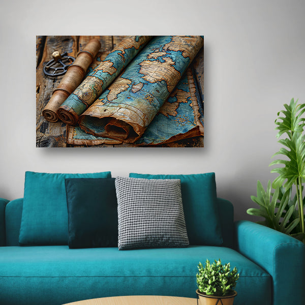Opgerolde Wereldkaart op Houten Tafel. acrylglas