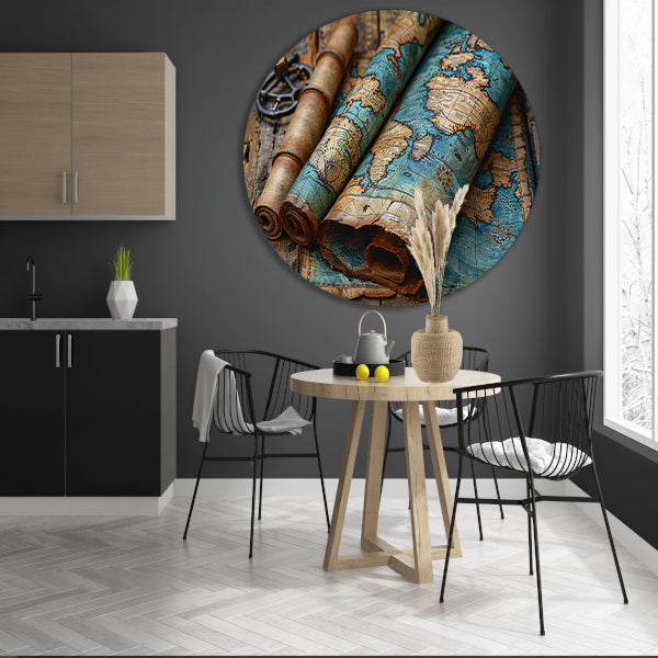Opgerolde Wereldkaart op Houten Tafel. aluminium muurcirkel