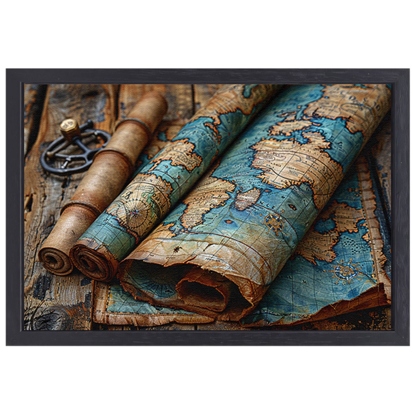 Opgerolde Wereldkaart op Houten Tafel. canvas met baklijst