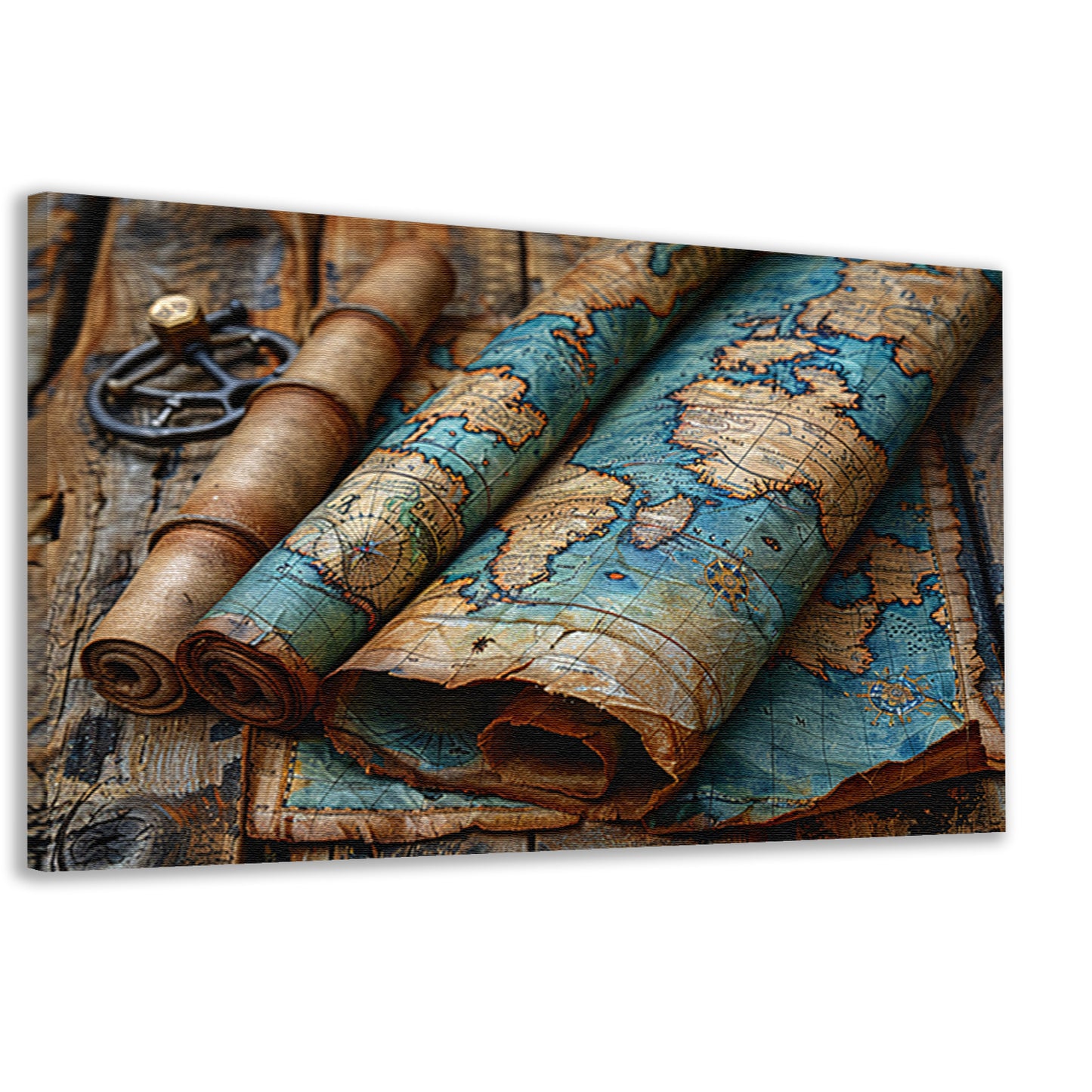 Opgerolde Wereldkaart op Houten Tafel. canvas