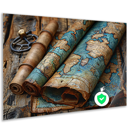 Opgerolde Wereldkaart op Houten Tafel. poster