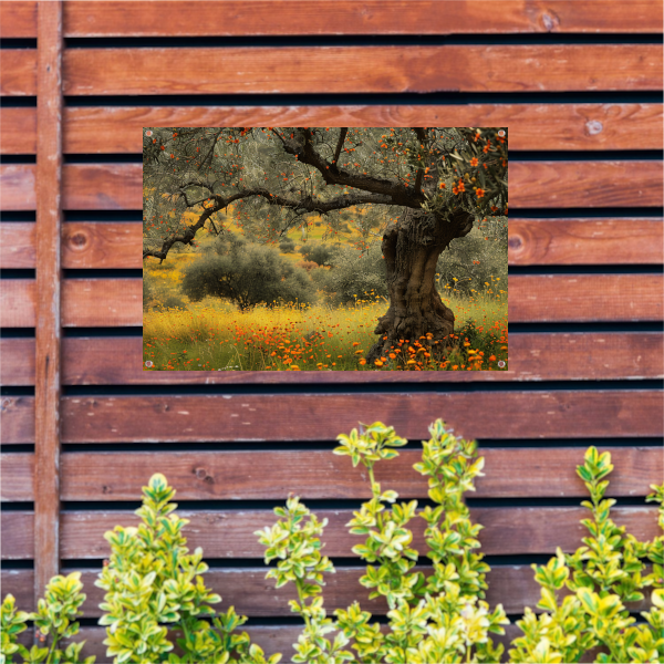 Bloeiende boom in veld tuinposter