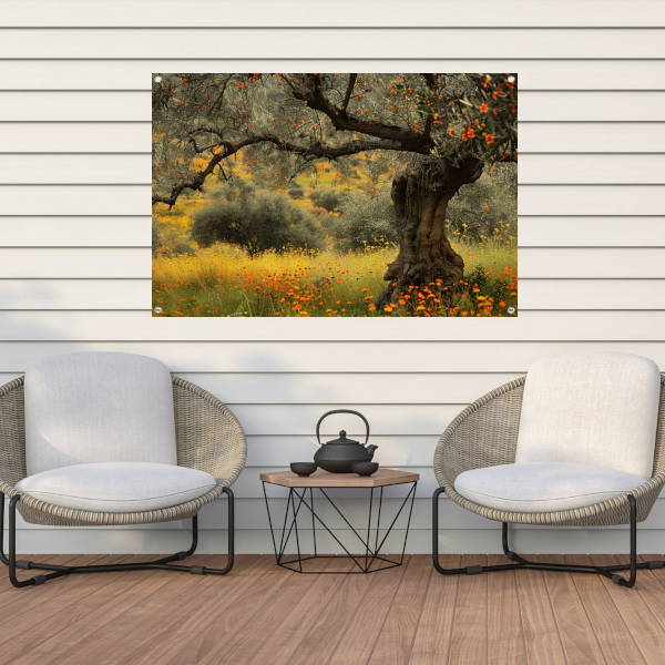 Bloeiende boom in veld tuinposter