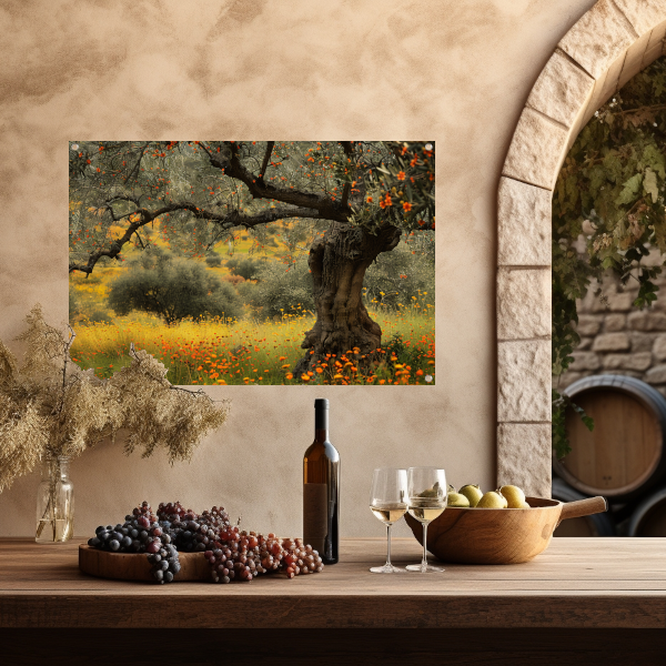 Bloeiende boom in veld tuinposter
