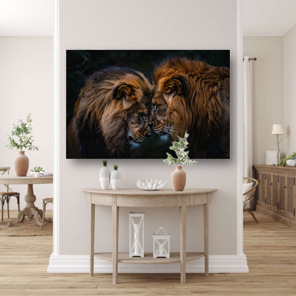 Intieme confrontatie tussen twee leeuwen canvas