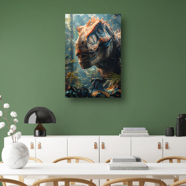 Portret van een majestueuze dinosaurus in het oerwoud poster