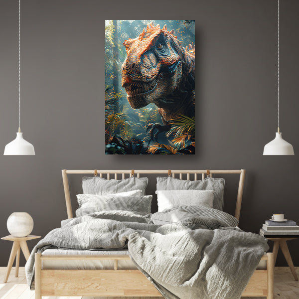 Portret van een majestueuze dinosaurus in het oerwoud poster
