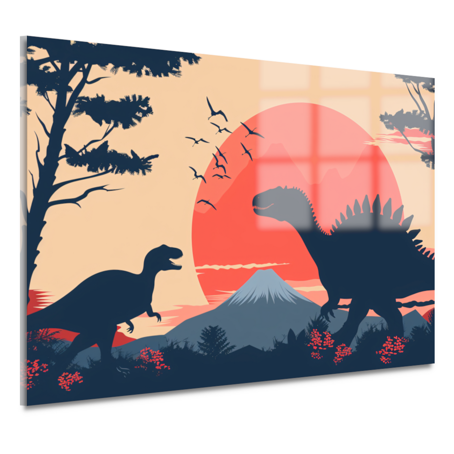 Silhouetten van dinos in prehistorisch landschap acrylglas
