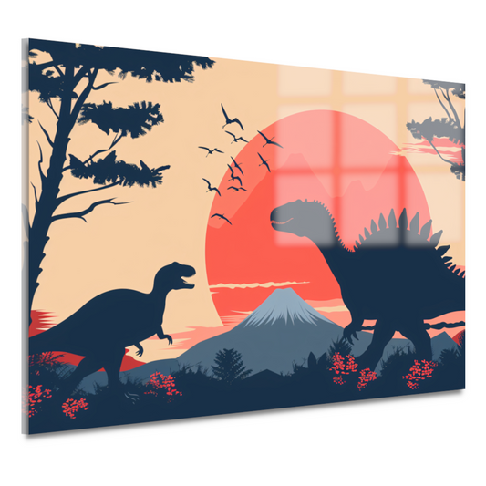 Silhouetten van dinos in prehistorisch landschap acrylglas