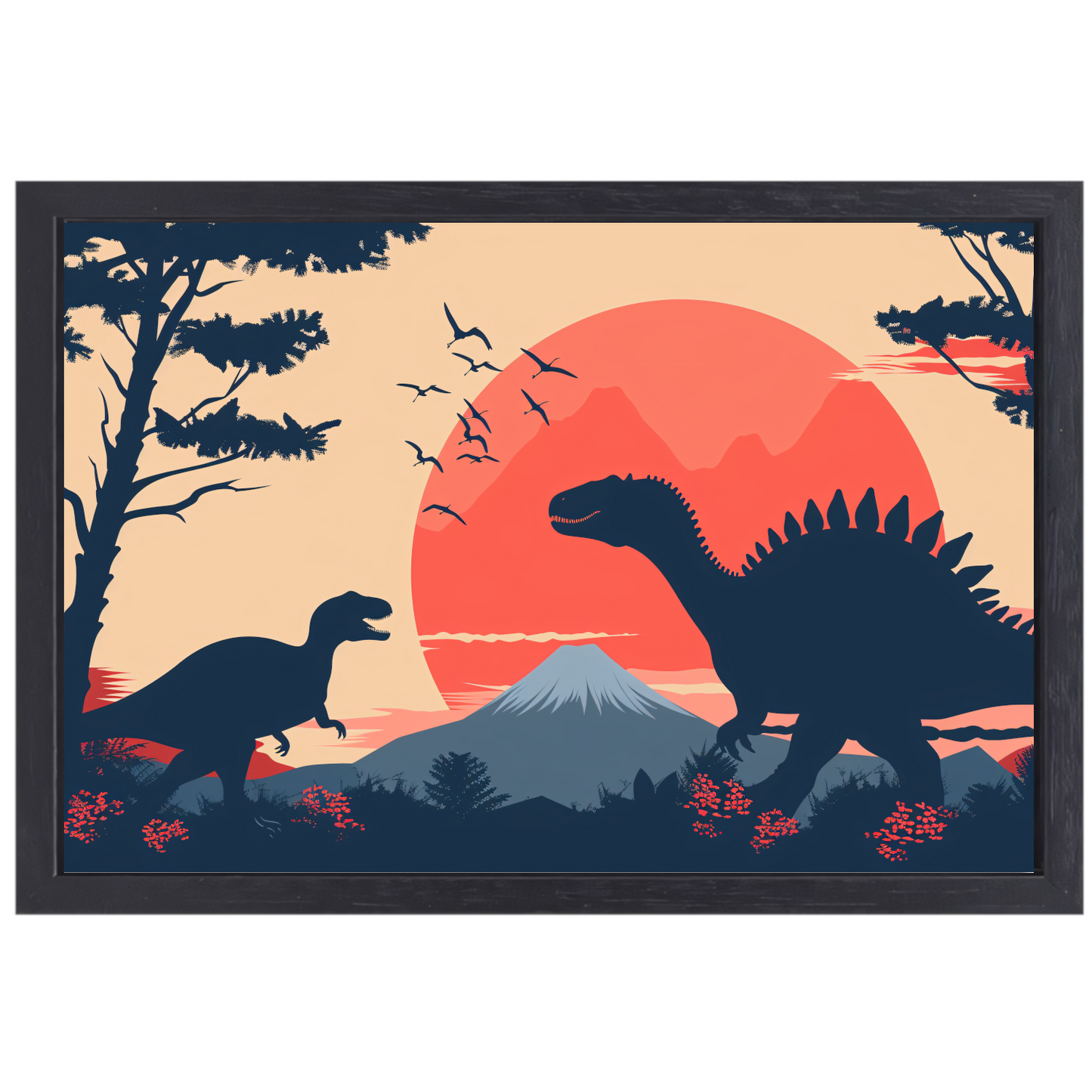 Silhouetten van dinos in prehistorisch landschap canvas met baklijst