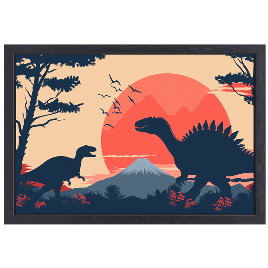 Silhouetten van dinos in prehistorisch landschap canvas met baklijst