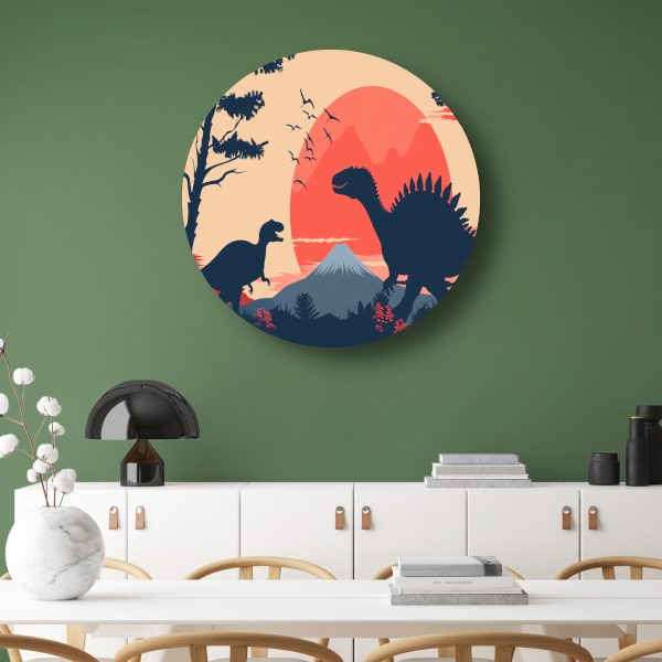 Silhouetten van dinos in prehistorisch landschap aluminium muurcirkel