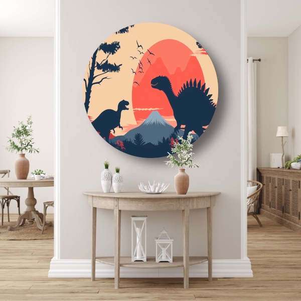Silhouetten van dinos in prehistorisch landschap aluminium muurcirkel