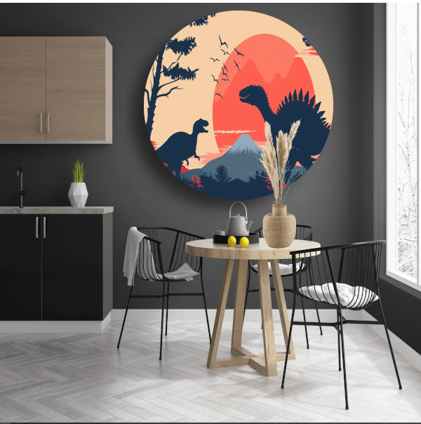 Silhouetten van dinos in prehistorisch landschap aluminium muurcirkel
