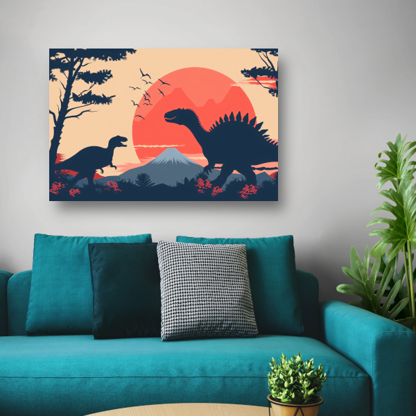 Silhouetten van dinos in prehistorisch landschap poster