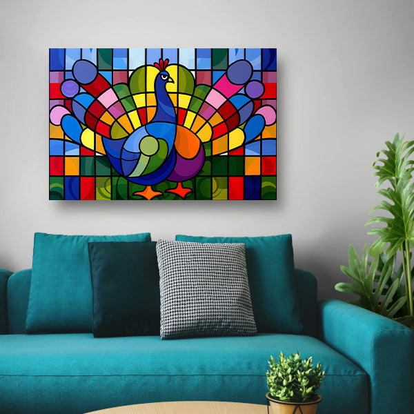 Kleurrijk abstract pauwen schilderij op glasposter