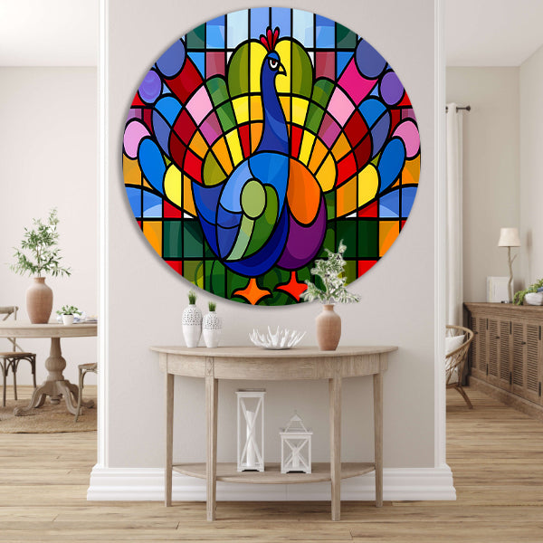 Kleurrijk abstract pauwen schilderij op glas aluminium muurcirkel