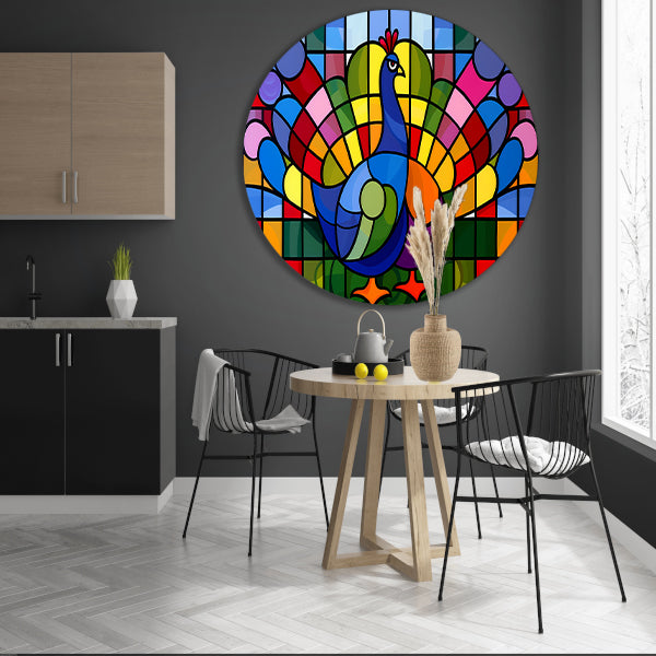 Kleurrijk abstract pauwen schilderij op glas aluminium muurcirkel