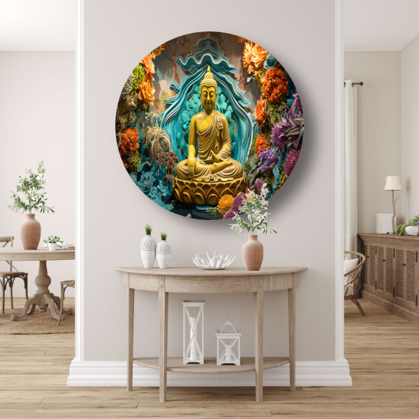Serene Boeddha Omgeven door Levendige Bloemen aluminium muurcirkel