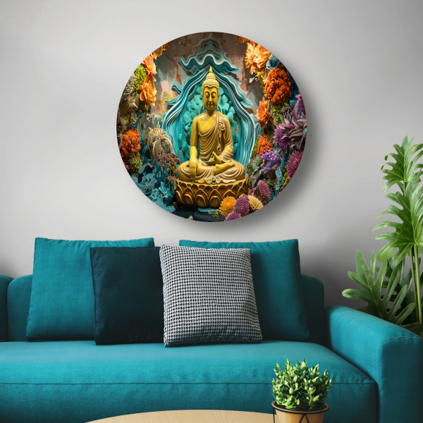 Serene Boeddha Omgeven door Levendige Bloemen aluminium muurcirkel