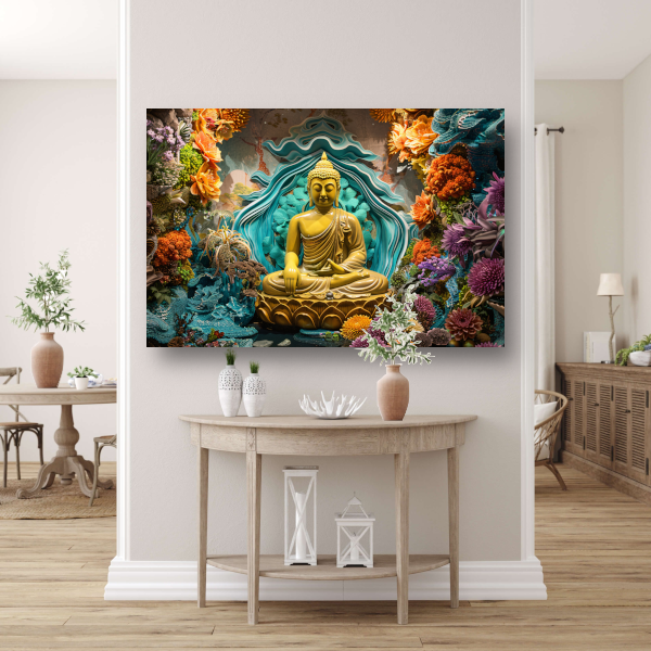 Serene Boeddha Omgeven door Levendige Bloemen canvas