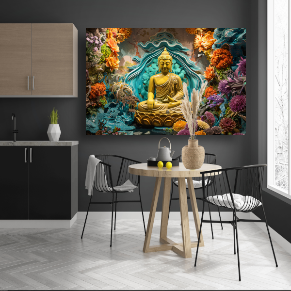 Serene Boeddha Omgeven door Levendige Bloemen canvas