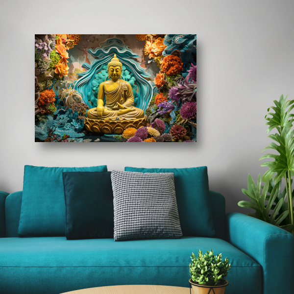 Serene Boeddha Omgeven door Levendige Bloemen canvas