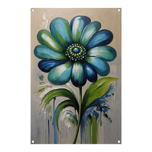 Abstracte Blauwe Bloem met Groene Bladeren tuinposter