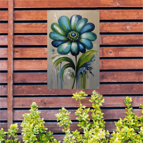 Abstracte Blauwe Bloem met Groene Bladeren tuinposter