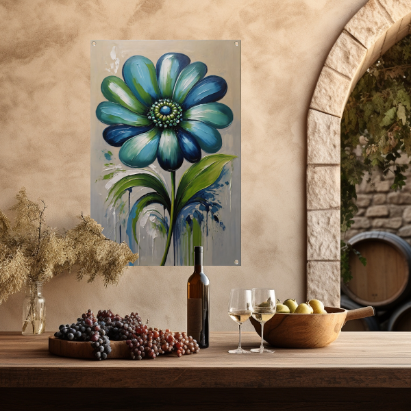 Abstracte Blauwe Bloem met Groene Bladeren tuinposter