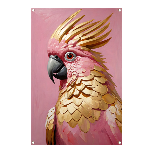 Roze en gouden papegaai op art nouveau tuinposter