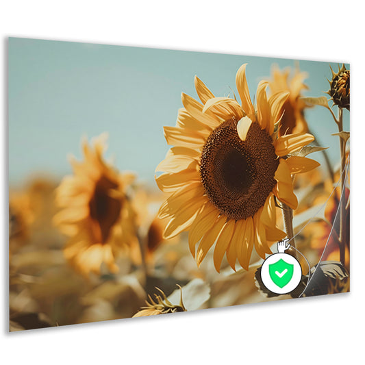 Zonovergoten zonnebloemveld onder een helderblauwe hemel poster