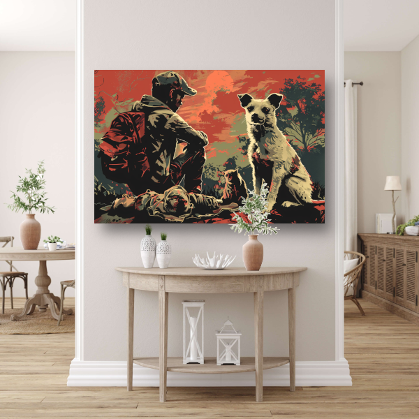 Zonsondergang met Hond en Bewaker canvas met baklijst