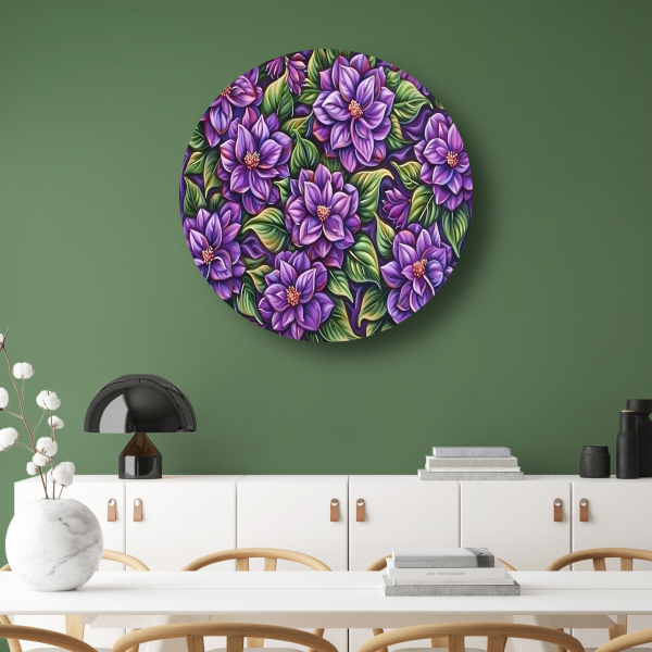Paarse Bloemenpatroon aluminium muurcirkel