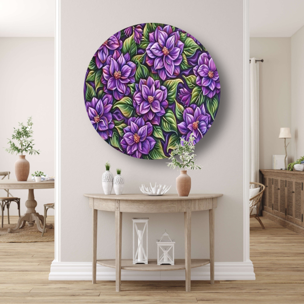 Paarse Bloemenpatroon aluminium muurcirkel