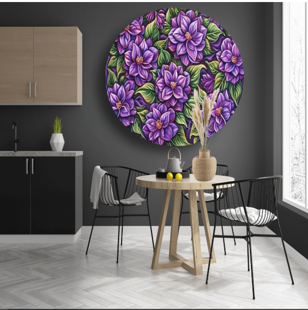 Paarse Bloemenpatroon aluminium muurcirkel