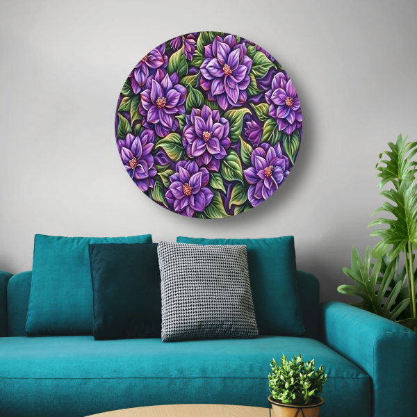 Paarse Bloemenpatroon aluminium muurcirkel