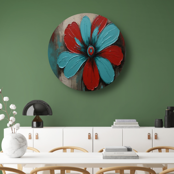 Abstracte Turquoise en Rode Bloem Kunstwerk forex muurcirkel