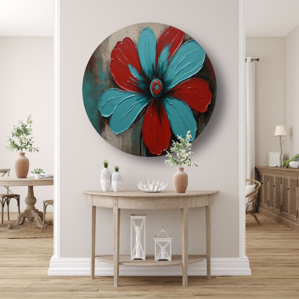 Abstracte Turquoise en Rode Bloem Kunstwerk forex muurcirkel