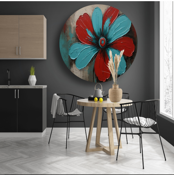 Abstracte Turquoise en Rode Bloem Kunstwerk forex muurcirkel