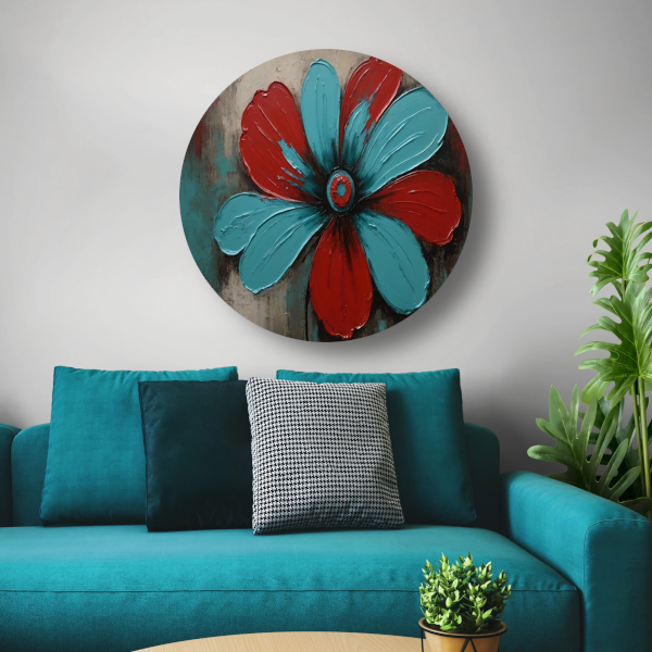 Abstracte Turquoise en Rode Bloem Kunstwerk forex muurcirkel