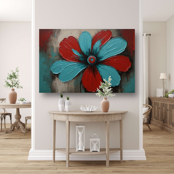 Abstracte Turquoise en Rode Bloem Kunstwerk canvas met baklijst